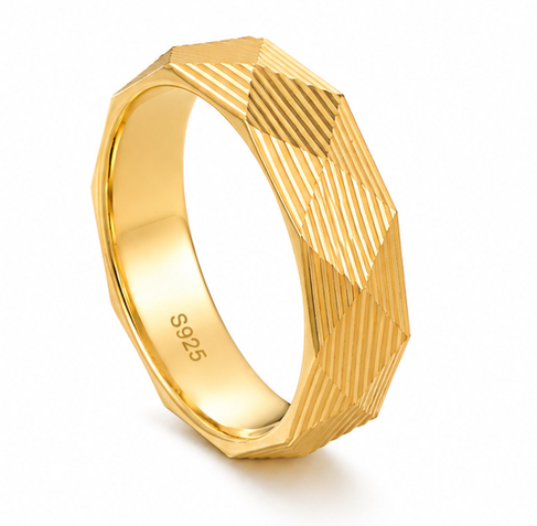 Geometric Faceted Gold Texture 925 Sterling Silver Ring