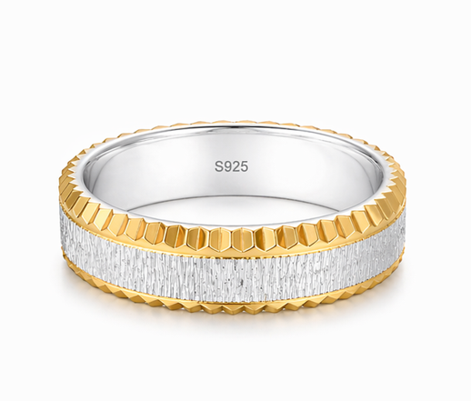 Dual Tone Textured 925 Sterling Silver Ring with Gold Edges