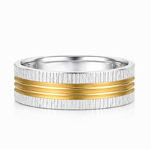 Dual Tone Textured 925 Sterling Silver Ring with Triple Gold Lines
