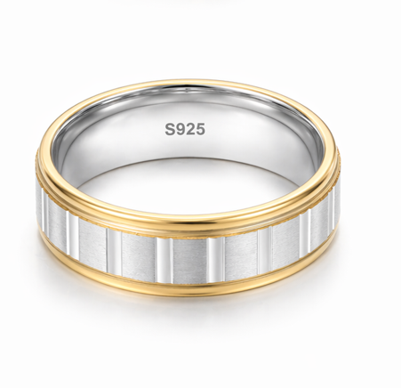 S925 Sterling Silver Gold Edge Geometric Couple Bands