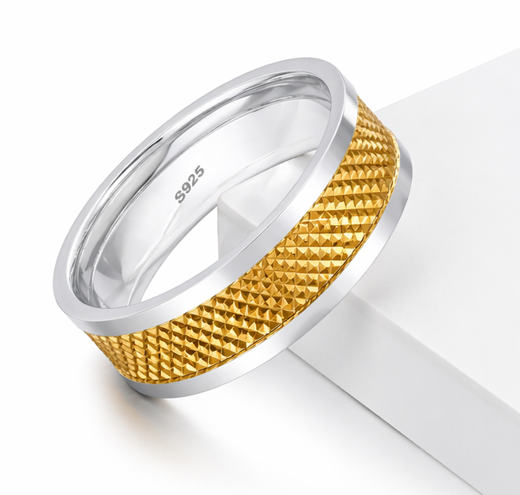 Luxury Dual Tone Diamond Cut Texture 925 Sterling Silver Ring