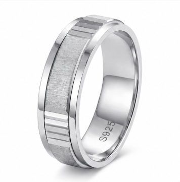 Brushed Ribbed Edge Ring in 925 Sterling Silver