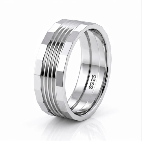Multi-Groove Faceted 925 Sterling Silver Ring