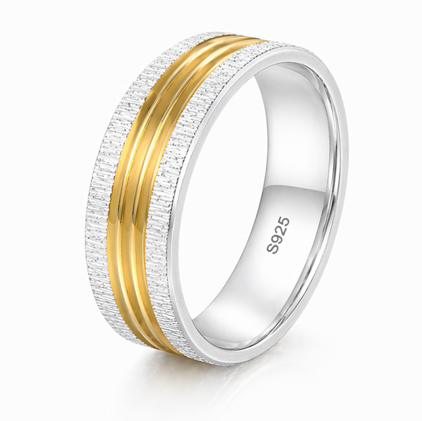 S925 Sterling Silver Triple Gold Line Couple Bands
