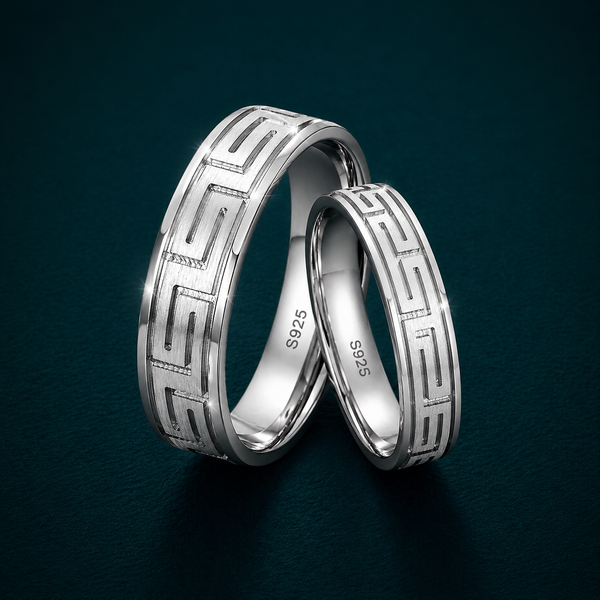 Designer S925 Sterling Silver Greek Pattern Couple Bands