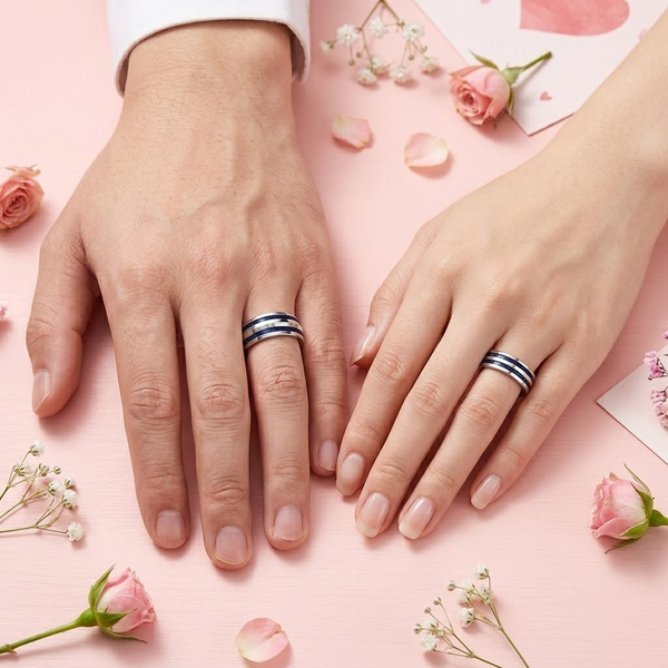 Premium S925 Sterling Silver Couple Bands with Dual Blue Inlay Stripes