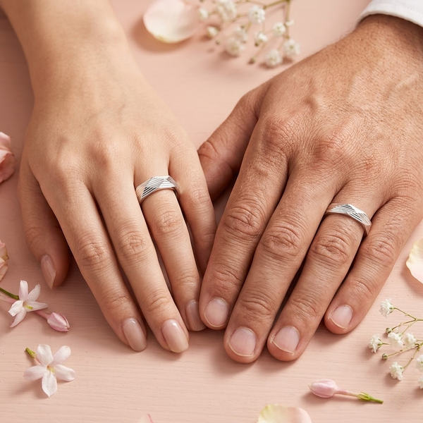 Designer S925 Sterling Silver Faceted Textured Couple Bands