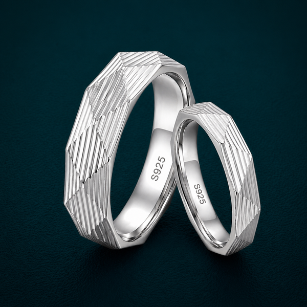 Designer S925 Sterling Silver Faceted Textured Couple Bands