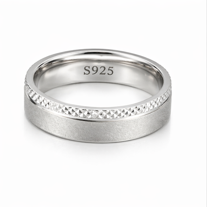 Elegant S925 Sterling Silver Couple Bands with Textured Matte & Diamond-Cut Finish