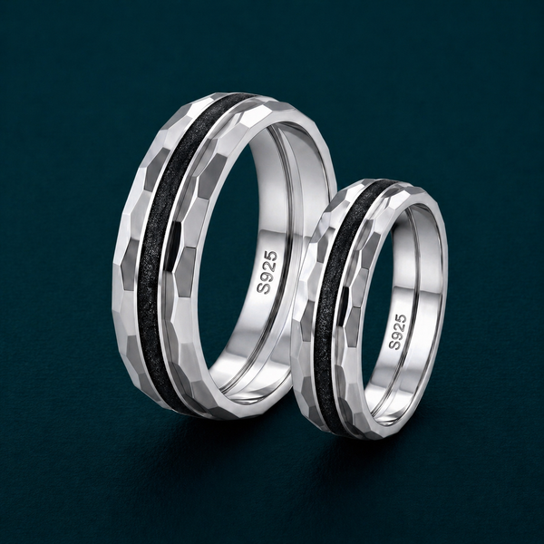 Luxury S925 Sterling Silver Faceted Couple Bands with Black Inlay