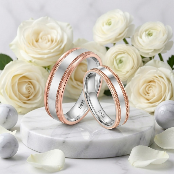 S925 Sterling Silver Rose Gold Dual Groove Couple Bands