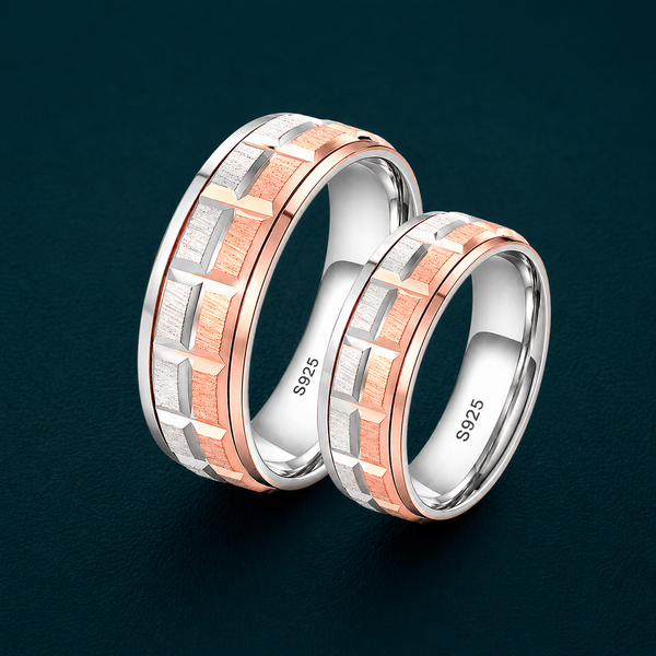 S925 Sterling Silver Rose Gold Geometric Texture Couple Bands