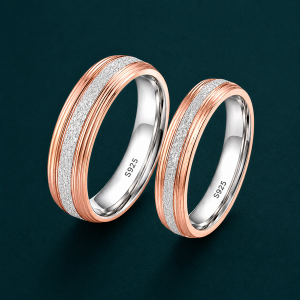 S925 Sterling Silver Rose Gold Sparkle Strip Couple Bands