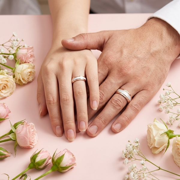 S925 Sterling Silver Rose Gold Frame Texture Couple Bands