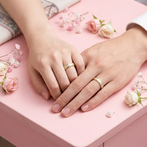 S925 Sterling Silver Gold Cut Edge Couple Bands