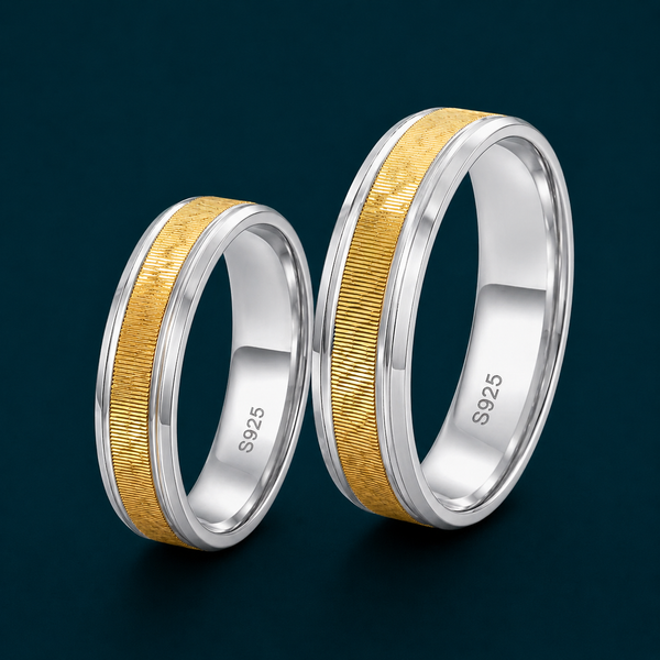 S925 Sterling Silver Gold-Tone Ribbed Couple Bands