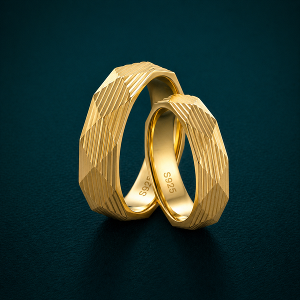 S925 Sterling Silver Gold-Plated Faceted Couple Bands
