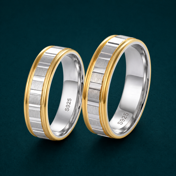 S925 Sterling Silver Gold Edge Geometric Couple Bands