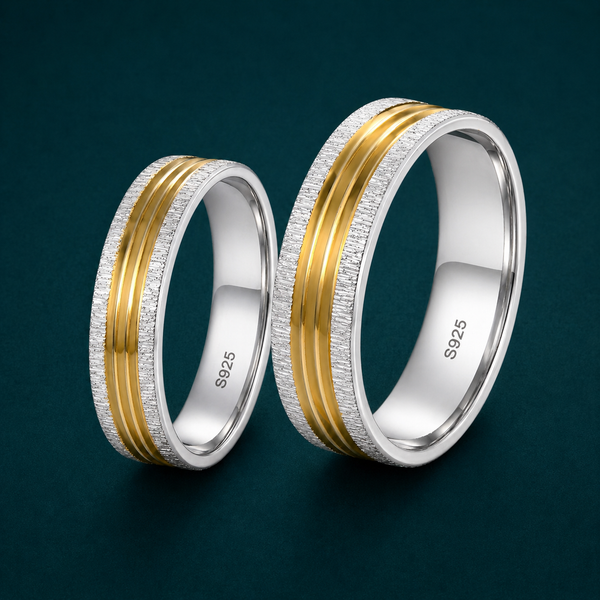 S925 Sterling Silver Triple Gold Line Couple Bands