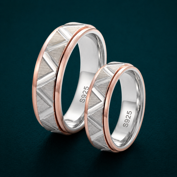 S925 Sterling Silver Geometric Cross Pattern Couple Bands
