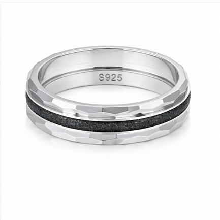 Luxury S925 Sterling Silver Faceted Couple Bands with Black Inlay