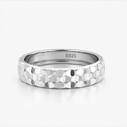 S925 Sterling Silver Diamond-Cut Faceted Couple Bands