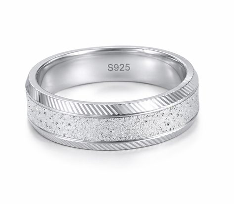 S925 Sterling Silver Sparkle Texture Couple Bands with Line Detailing
