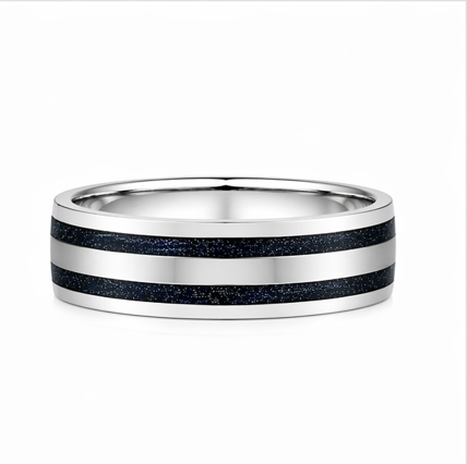 Premium S925 Sterling Silver Couple Bands with Dual Blue Inlay Stripes