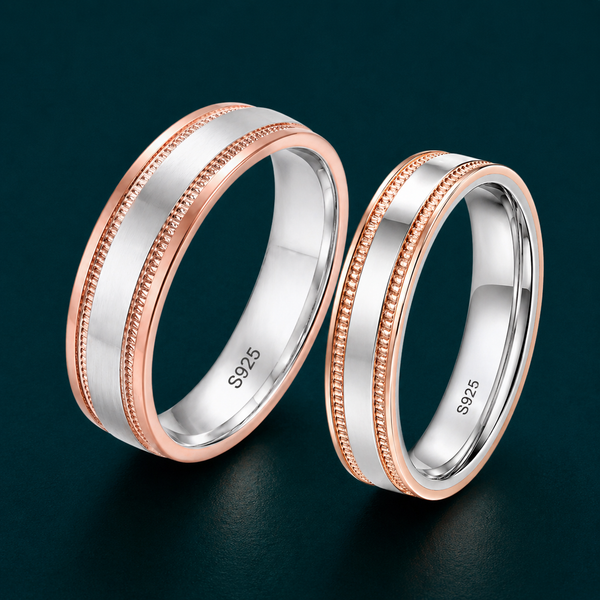 S925 Sterling Silver Rose Gold Dual Groove Couple Bands