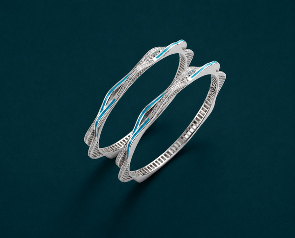 Blue Enamel Stone-Studded Bangles β 925 Sterling Silver Platinum Polish Designer Set