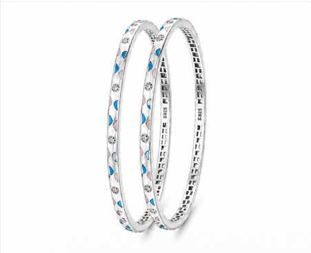 925 Sterling Silver Blue Enamel Stone-Studded Bangles β Sleek Designer Silver Bangle Set