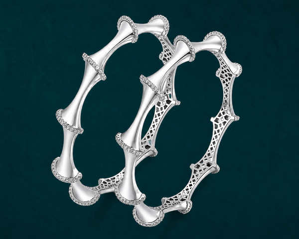 Rivadhy S925 Sterling Silver Bamboo-Style Bangles – Designer Stone-Studded Geometric Bangle Set