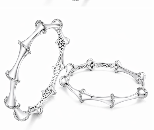 Rivadhy S925 Sterling Silver Bamboo-Style Bangles – Designer Stone-Studded Geometric Bangle Set
