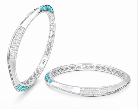 Rivadhy S925 Sterling Silver Blue Enamel Bangles – Designer Stone-Studded Geometric bangle Set