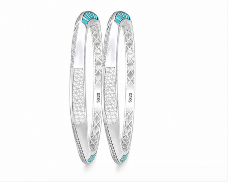 Rivadhy S925 Sterling Silver Blue Enamel Bangles – Designer Stone-Studded Geometric bangle Set