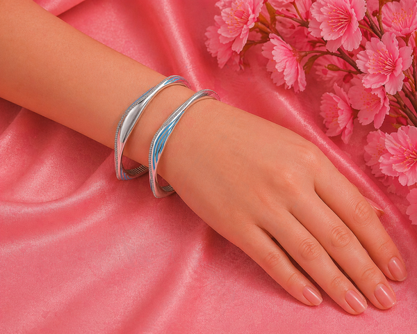 S925 Sterling Silver Ocean Wave Blue Enamel Bangles β Stone-Studded Designer Curved Bangle Set