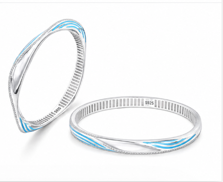 S925 Sterling Silver Ocean Wave Blue Enamel Bangles β Stone-Studded Designer Curved Bangle Set