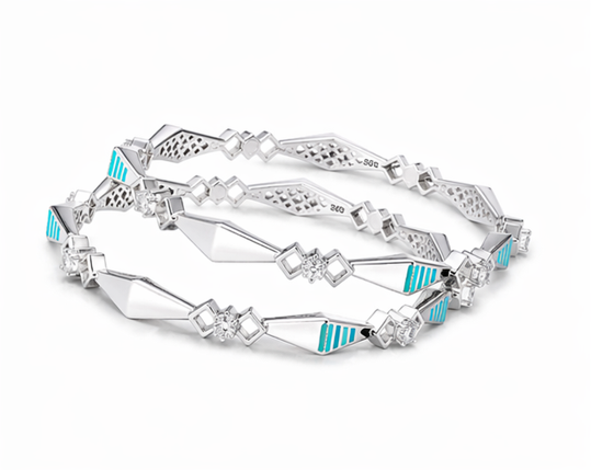 S925 Sterling Silver Geometric Prism Bangles – Designer Blue Enamel & Solitaire Stone Bangle Set
