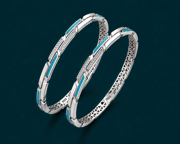 Luxury Turquoise Inlay Diamond-Studded Bangles β 925 Sterling Silver Designer bangles