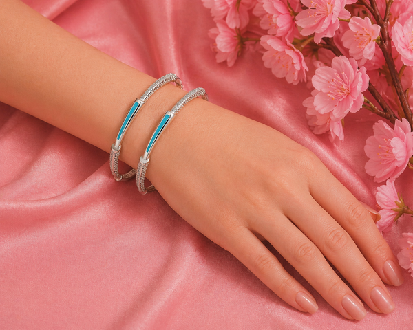 Elegant Blue Inlay Textured Bangles – 925 Sterling Silver Designer Bangles Set