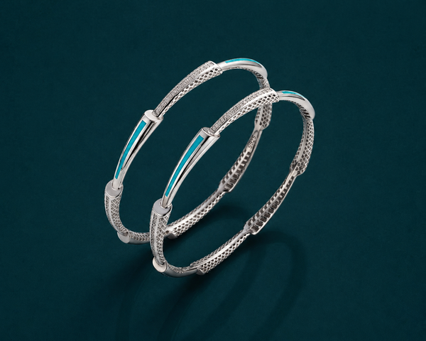 Elegant Blue Inlay Textured Bangles – 925 Sterling Silver Designer Bangles Set