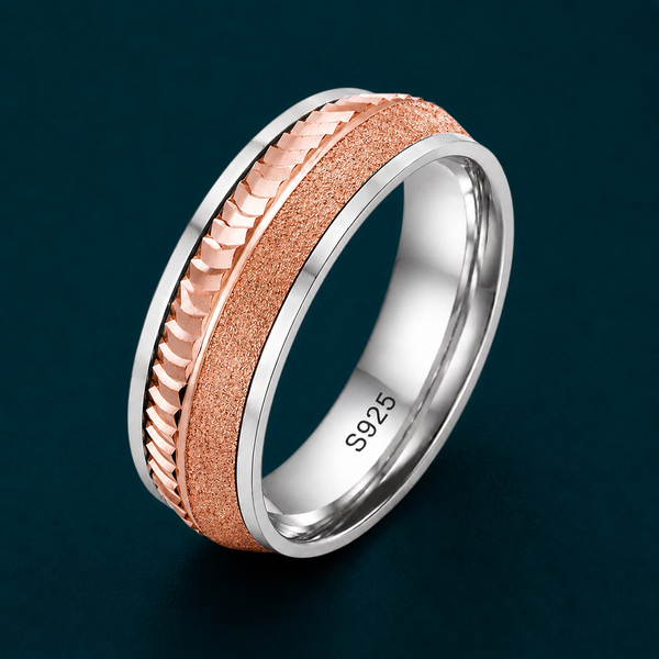 Rose Gold Sandblast & Faceted Edge Ring 925 Sterling Silver