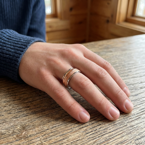 Rose Gold Sandblast & Faceted Edge Ring 925 Sterling Silver