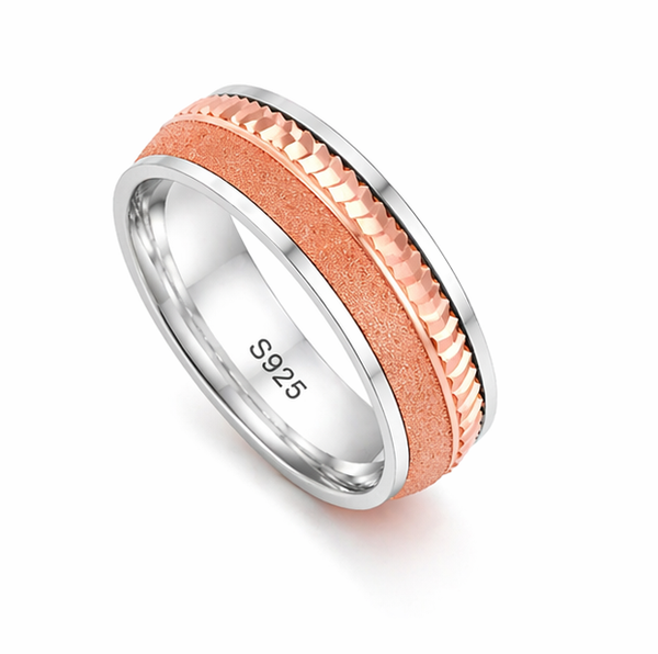 Rose Gold Sandblast & Faceted Edge Ring 925 Sterling Silver