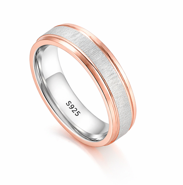 S925 Sterling Silver Rose Gold Frame Texture Couple Bands