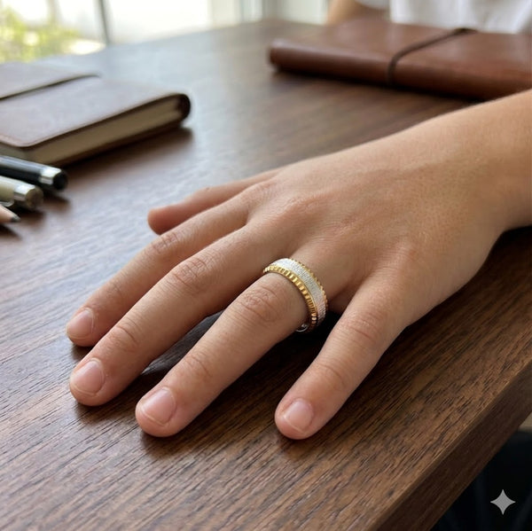Dual Tone Textured 925 Sterling Silver Ring with Gold Edges