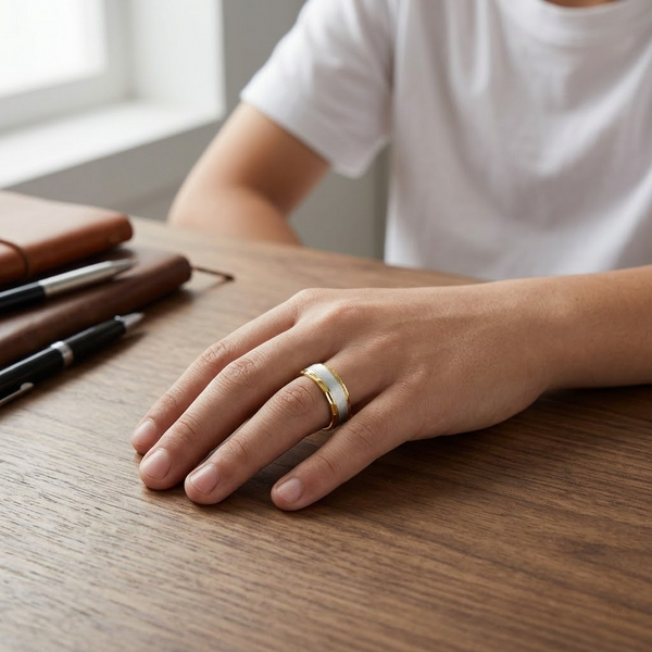 Luxury Dual Tone Matte Silver 925 Ring with Textured Gold Edges