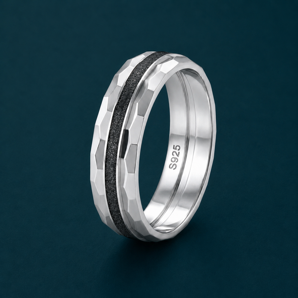 Faceted Edge Black Groove 925 Sterling Silver Ring