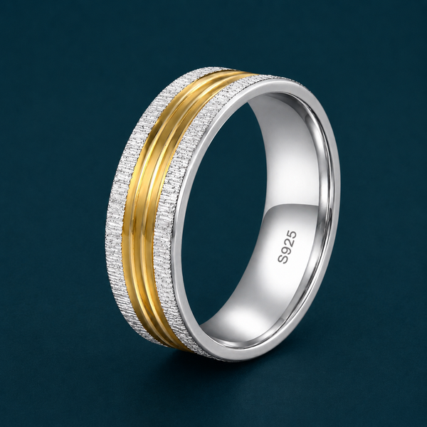 Dual Tone Textured 925 Sterling Silver Ring with Triple Gold Lines