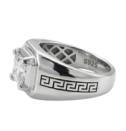Premium S925 Silver Princess Cut Solitaire Ring with Greek Pattern Designer Band